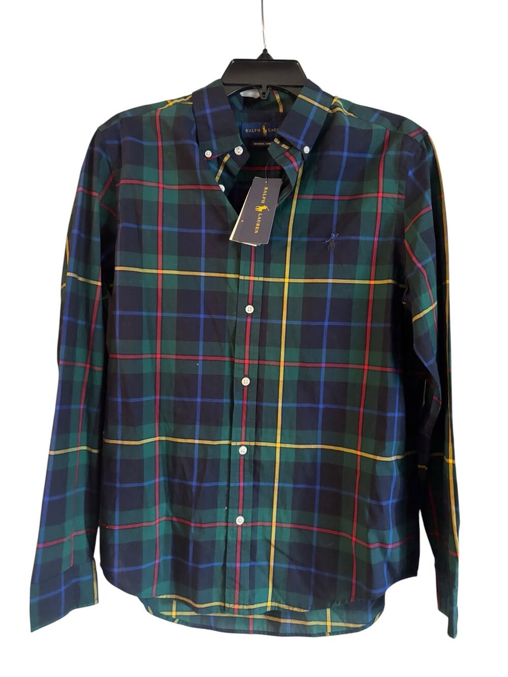 Ralph Lauren Boy Shirt Tartan Plaid Holiday Green Navy Natural Stretch XL 18-20